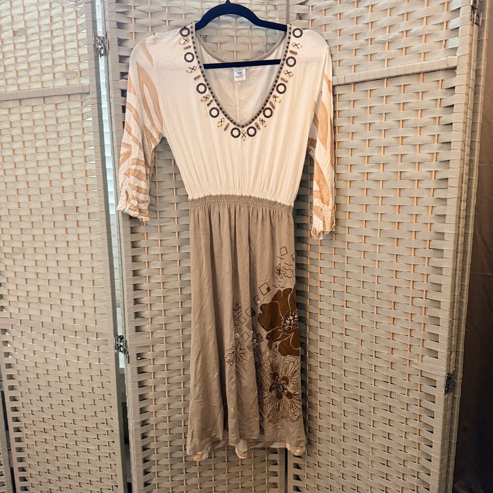 Krista Lee Embellished Gems Midi Dress Tan White S Three Quarter Bell Sleeves